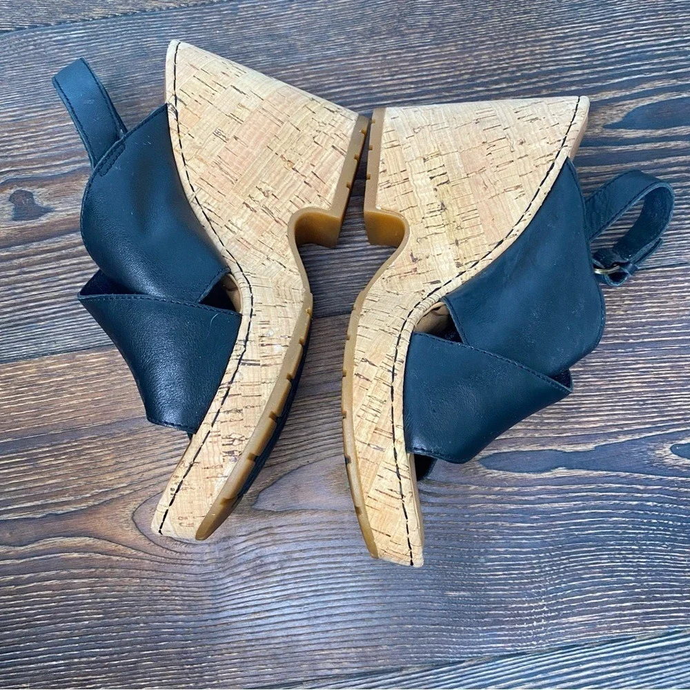 Born Black Leather Cork Wedge Sandals Heels Ankle Strap Casual Womens Shoes Sz 9